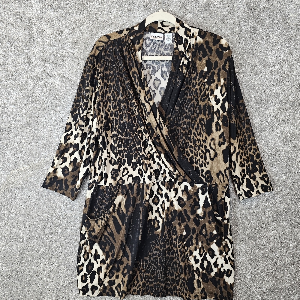 Chico's Animal Print Mini Dress 3 Black Brown Whimsical  Mob Wife 3/4 Sleeves